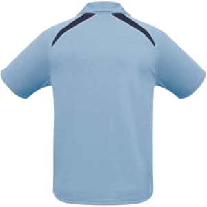 A short sleeve polo shirt in light blue with dark blue accents and a logo on the back.
