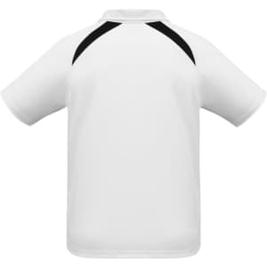 A white short sleeve polo shirt featuring black accents and a logo. Ideal for children's wear.