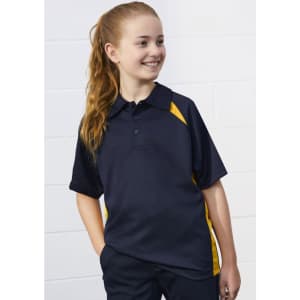 A navy and yellow kids' short sleeve polo shirt with a logo, featuring a collar and button-up front.