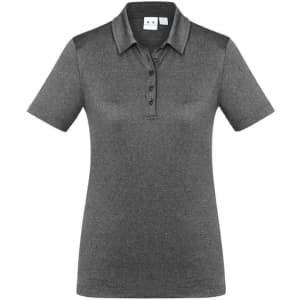 A women's polo shirt in dark grey, featuring short sleeves and a collar with buttons. Includes a logo on the front.