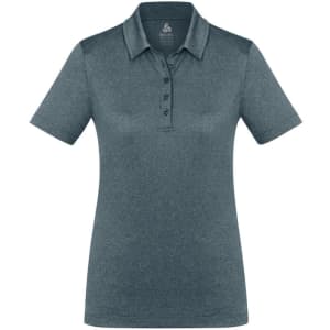 A women's short sleeve polo shirt in dark grey with a collared neckline and a logo on the label.