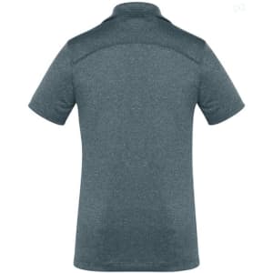 A dark grey women's polo shirt with short sleeves and a subtle texture, featuring a collar and a logo.