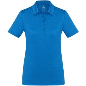 A bright blue women's short sleeve polo shirt featuring a collar and button placket, with a logo on the chest.