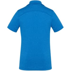 A blue women's polo shirt with short sleeves and a back view, featuring a subtle texture and a logo.