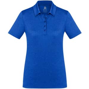 A blue women's polo shirt with short sleeves and a collared neck, featuring a logo on the chest area.