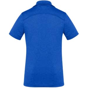 A blue women's short sleeve polo with a classic collar and a branding logo on the back.