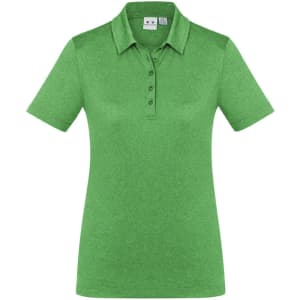 A women's polo shirt in a vibrant green shade with short sleeves and a button placket. Features a logo.