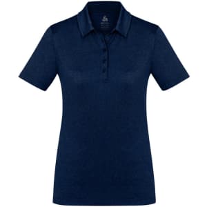 A women's short sleeve polo shirt in navy blue with a collar and a logo on the chest.