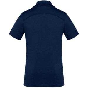 A navy blue women's short sleeve polo shirt with a collar and a logo on the back.