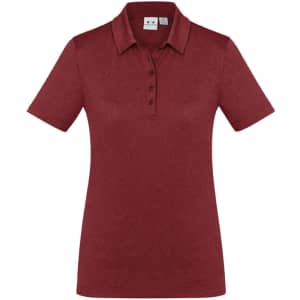 A women's short sleeve polo shirt in a rich burgundy colour, featuring a collar and buttons, with a logo on the front.