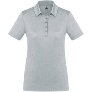 A light grey women's short sleeve polo shirt with a collar and a logo on the chest area.