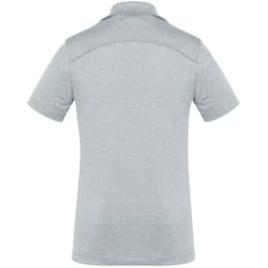 A light grey women's short sleeve polo shirt with a subtle texture and a back view. It features a logo.