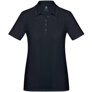 A women's polo shirt in navy blue with short sleeves and a three-button placket, featuring a logo.