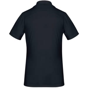A navy women's short sleeve polo shirt with a smooth texture and a collar. It features a branding logo.