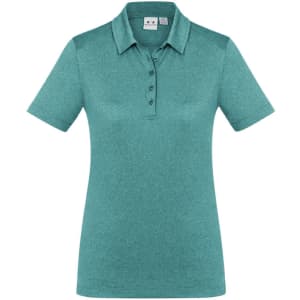 A teal women's short sleeve polo shirt with a collar, featuring a logo on the chest.