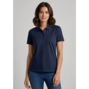 A navy blue women's short sleeve polo shirt with a collar and three buttons, featuring a logo.