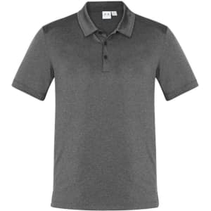 A dark grey short sleeve polo shirt featuring a collar and a logo. Suitable for casual or semi-formal occasions.