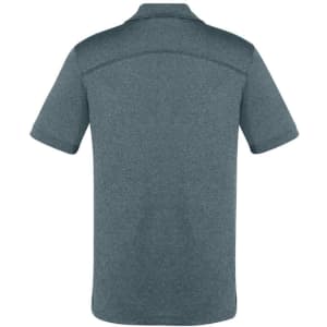 A short sleeve polo shirt in a dark grey colour, featuring a logo on the back.