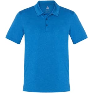 A short sleeve polo shirt in vibrant blue with a collar and three buttons, featuring a logo.
