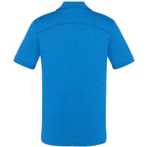 A blue short sleeve polo shirt featuring a textured design and a logo on the back.