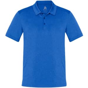 A blue men's polo shirt with a collar and button placket, featuring a logo on the chest.