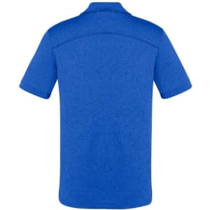 A blue men's short sleeve polo shirt featuring a logo on the back. Designed for comfort and style.