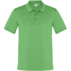 A green men's short sleeve polo shirt with a collar and three buttons, featuring a logo on the chest.