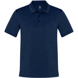 A navy blue short sleeve polo shirt featuring a collar and buttons, with a logo on the upper side.