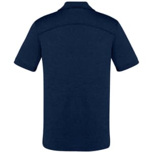 A dark navy men's short sleeve polo shirt featuring a simple design and a logo on the back.