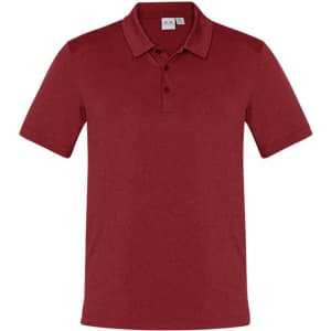 A red men's short sleeve polo shirt featuring a collar and three buttons, with a logo on the chest.