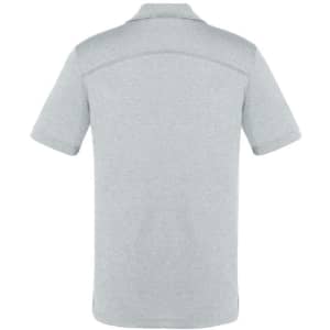 A grey short sleeve polo shirt with a smooth back design and a logo on the upper back.