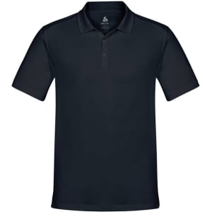 A navy blue men's short sleeve polo shirt with a collar and a logo on the chest.