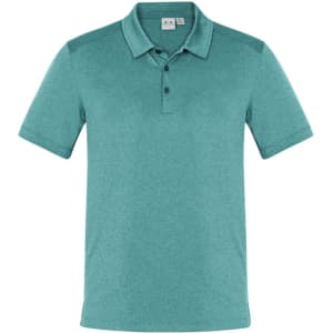 A turquoise short sleeve polo shirt with a collar and a logo on the chest.