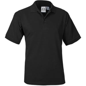 A black short sleeve polo shirt with a collar and a logo on the chest area.