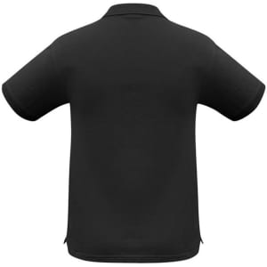 A black short sleeve polo shirt featuring a classic collar and side slits. There is a logo on the shirt.
