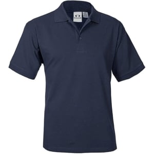 A navy short sleeve polo shirt featuring a collar and a branded label.