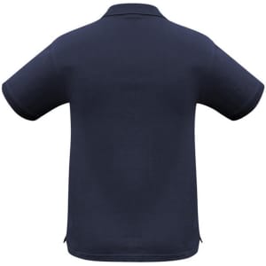 A navy blue short sleeve polo shirt with a collar, featuring a logo on the chest area.