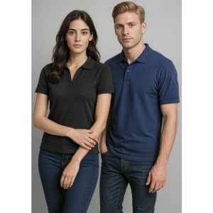 A black women's polo shirt and a navy men's polo shirt displayed on models standing side by side.