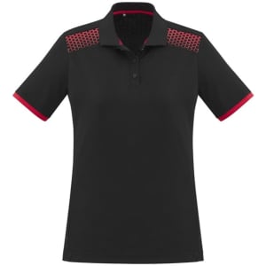 A women's black polo shirt with short sleeves, featuring red accents on the collar and shoulders, and includes a logo.