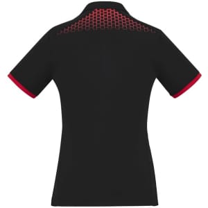 A black women's polo shirt featuring short sleeves and a grid pattern detail in red on the back.