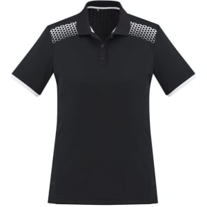 A black women's short sleeve polo shirt featuring a patterned yoke and white accents. It has a logo on the front.