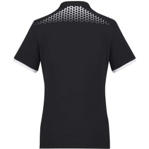 A women's black polo shirt featuring a grid design on the back and contrasting white trim on the sleeves.