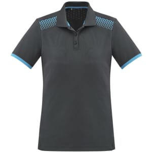 A women's short sleeve polo shirt in dark grey with blue accents and a patterned yoke. It features a logo.