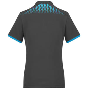 A black women's polo shirt featuring a blue grid pattern on the back and blue accents on the sleeves.