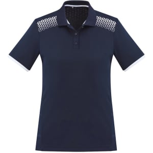 A navy women's polo shirt with short sleeves and a patterned yoke, featuring contrasting white accents and a logo.