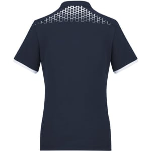 A navy women's short sleeve polo shirt featuring a patterned design at the back, with white detailing on the sleeves.