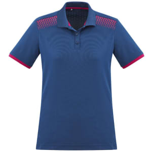 A navy blue women's polo shirt with red accents and a patterned yoke, featuring a collar and short sleeves.