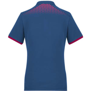 A women's short sleeve polo shirt in blue with a patterned back and maroon accents. It features a logo.