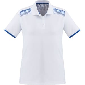 A white short sleeve polo shirt featuring a blue patterned design on the shoulders and contrasting blue accents.