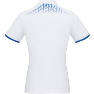 A white women's short sleeve polo shirt with a blue patterned design on the back and blue trim on the sleeves.